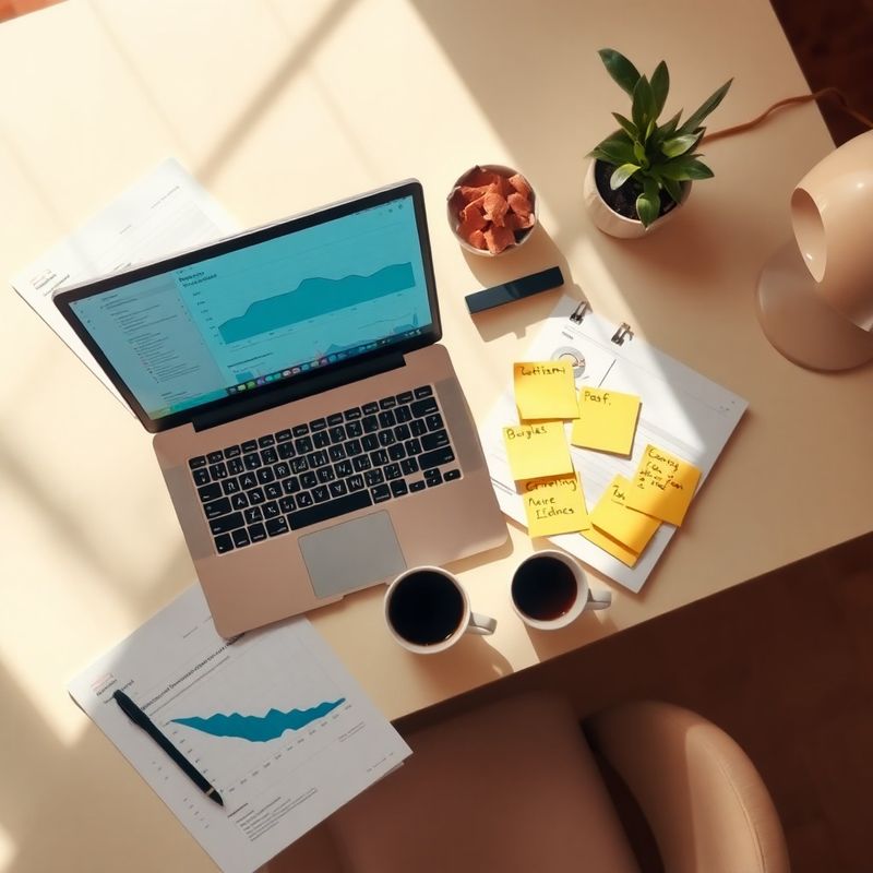 Vista dall'alto di una scrivania di marketing strategist con report analytics e dashboard Google Ads