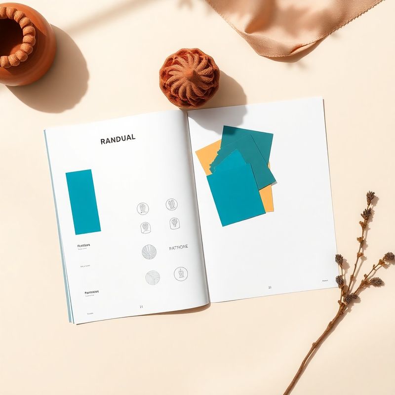 Flat-lay di deliverable di branding: manuale aperto, schizzi di logo e swatch Pantone azzurri
